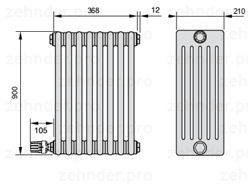 Схема (чертеж) Радиатор Zehnder Charleston 6090/8 №V003 Белый глянцевый RAL 9016